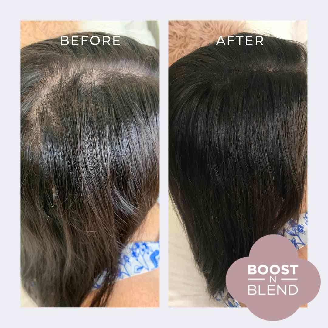 Female hair fibres application on thinning crown