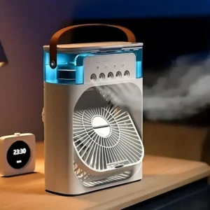 Small air cooler fan with LED light and adjustable speeds