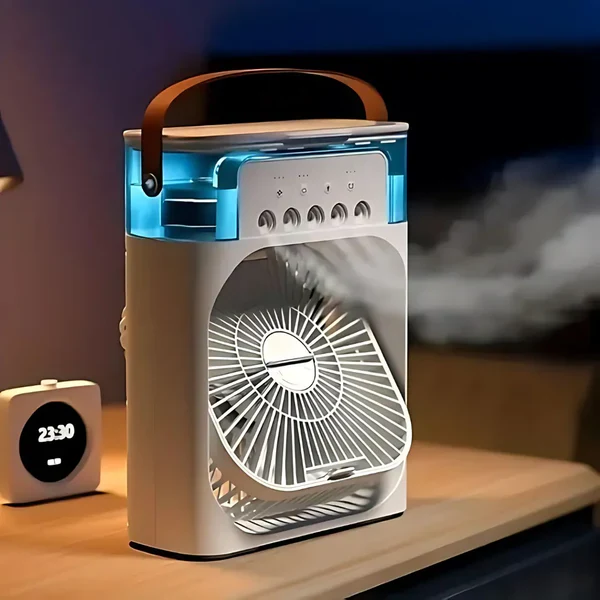 Small air cooler fan with LED light and adjustable speeds