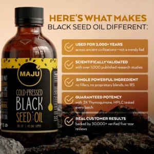 Cold-pressed Nigella Sativa oil by Maju's with high TQ levels